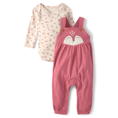 Baby Girls Embroidered Deer Overalls 2-Piece Playwear Set - Pink