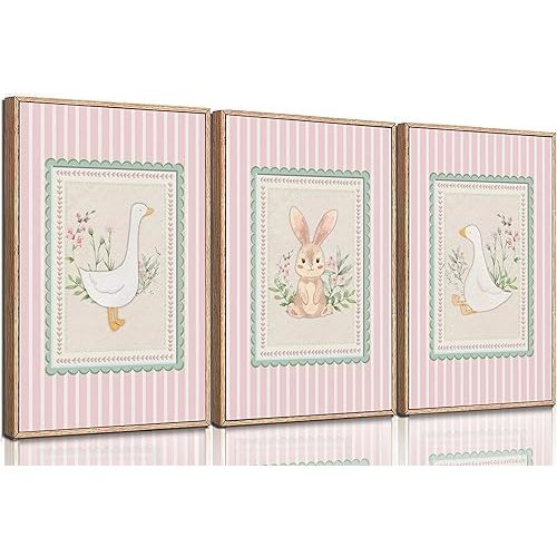 YKVDOROK 3Pcs Pink Goose Wall Art Nursery Rabbit Posters Sweet Goose Floral Botanical Painting Pictures Cute Animal Wall Decor Canvas for Baby Kids Bedroom Prints Unframed