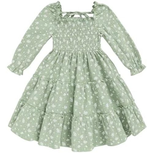 Toddler Girl Dress Long Sleeve Baby Floral Smocked Square Neck Playwear Dress | Spring Fall Casual Dresses 1-6Y