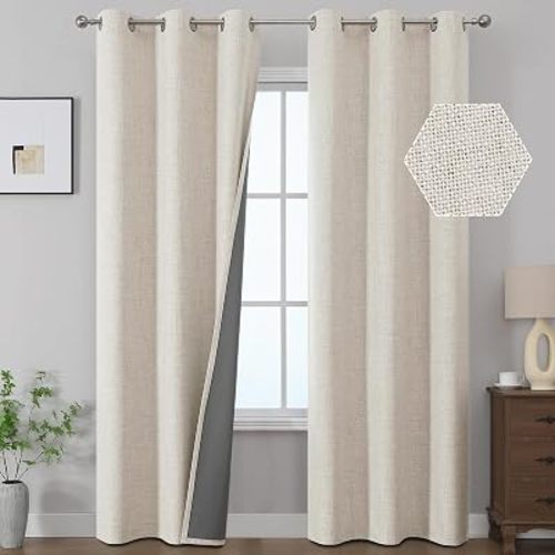 Cream 100% Blackout Linen Curtains Living Room 40x84 Inch Long 2 Panels Set
