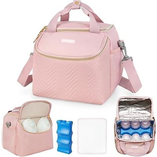 Wearable Breast Pump Bag,Breastmilk Cooler Travel Bag Compatible with Momcozy/Eufy/Elvie/Willow/Medela Breast Pump with Ice Pack and Water Resistent Mat for 6 Baby Bottles Up to 9 Ounce,Pink