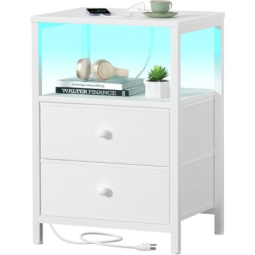 BOLUO White Nightstand with Charging Station, LED Night Stand with 2 Fabric Drawers, Bedside Table with USB Ports and Outlets, Nightstand for Bedroom Modern