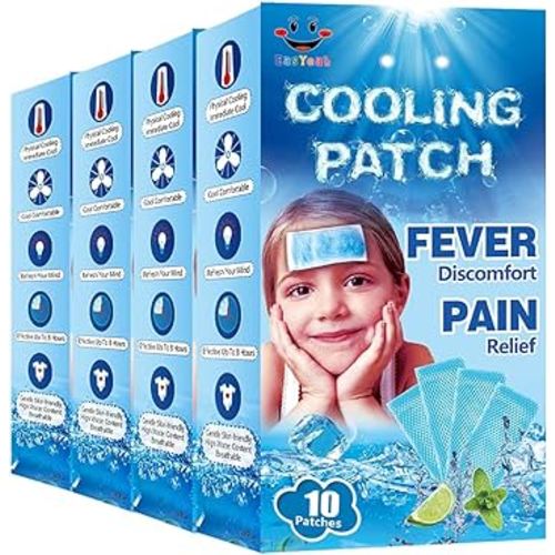 40 Sheets EasYeah Cooling Patches for Fever Discomfort & Pain Relief, Cooling Relief Fever Reducer, Soothe Headache Pain, 10 Count Per Box (4 Boxes)