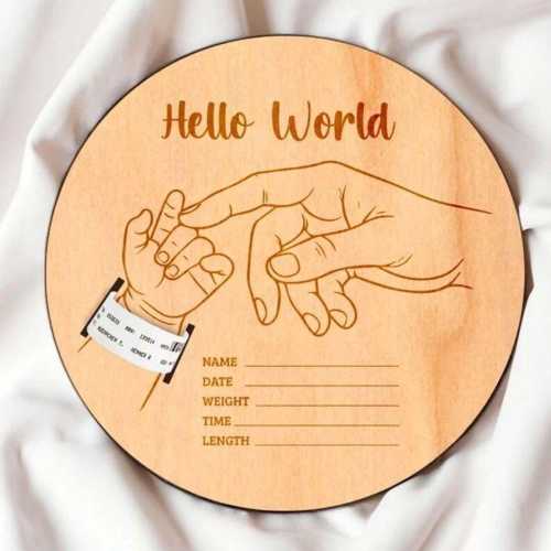 Wooden Hospital Band Keeper Sign, Hello World Birth Announcement Plaque, Newborn Name Plate Holder