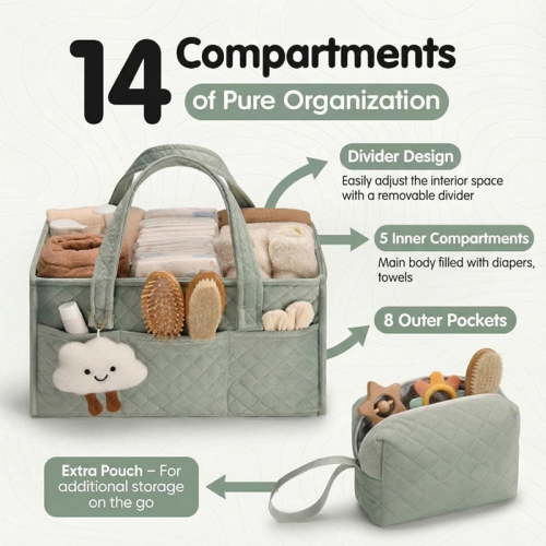 15'' Baby Diaper Caddy Organizer, Baby Basket Shower Gift, Portable Changing Table Basket, Postpartum Caddy & Tote Bag Pouch, Newborn Nursery Essentials Registry, Car Diaper Organizer