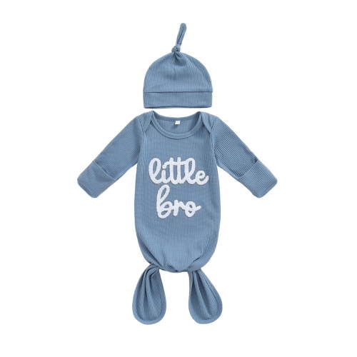 BemeyourBBs Newborn Baby Boy Little Bro Outfit Waffle Knit Baby Sleepsacks Sleep Bag Knotted Gown and Hat Set Stripe Letter Embroidery Long Sleeve Sleepwear