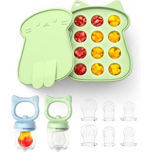 Silicone Baby Fruit Food Feeder (2 Pack) with Freezer Nibble Tray, Breastmilk Popsicle Molds for Baby Teething Relief, Feeder for Safe Infant Self Feeding, BPA Free, Dishwasher Safe, 3 Month+ Green