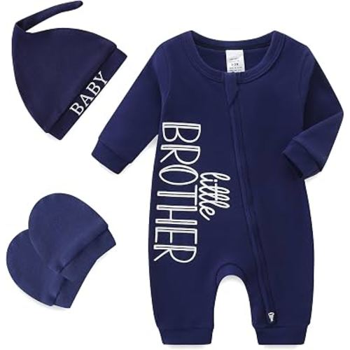 Babymine 100% Cotton 2-Way Zipper Little Brother Newborn Outfit 0-3 Months | Coming Home Romper with Mittens and Hat,Newborn Photography Outfits boy