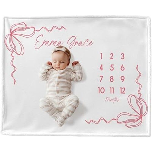 Wildflower Baby Milestone Blanket Girls, Personalized Coquette Girl Month Blanket Pink Bow Milestone Bow Blankets Newborn Girl, Coquette Aesthetic New Mom Throw