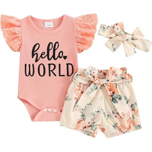 Hello World Newborn Outfit Baby Girl Going Home Outfit Ruffle Ribbed Romper Top Floral Pants Set Cute Summer Clothes
