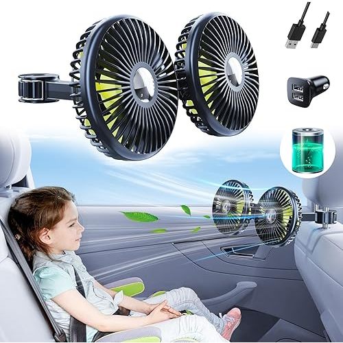Battery Fan for Car Backseat - Rechargeable Car Fan for Backseat Kids Dogs [Comes with Car Charger&USB C Cable] 360 Rotatable Separate Control Car Fans That Blow Cold Air for Vehicles SUV RV