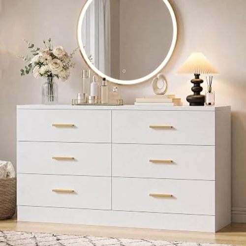 White 6 Drawer Dresser for Bedroom Modern Chests of Drawers with Gold Handle 47" Wooden Closet Dresser Long Storage Cabinet Organizer Dresser TV Stand