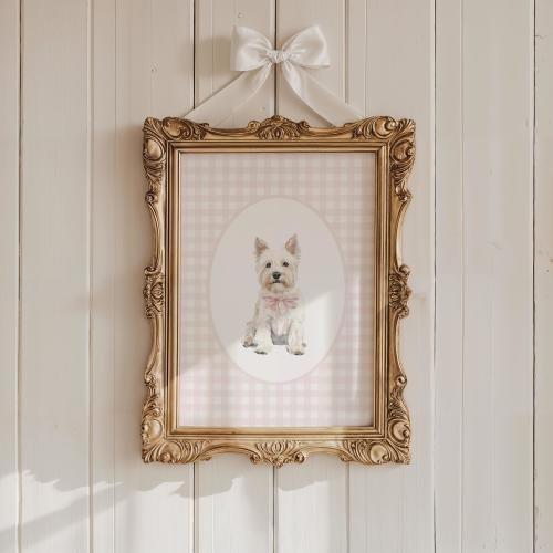 West Highland Terrier Nursery Decor, Watercolor Westie Dog Nursery Print, Baby Girl Nursery, Pink Gingham Wall Print, Coquette Pink Bow Art
