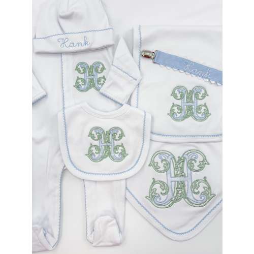 Marianna Ruth Smith
Design: SM3
Colors: Pink- 1815, Green- same as example 
Full Set appreciated, however any piece would be amazing! 
Newborn Baby Boy Coming Home Outfit, Custom Embroidered Vine Monogram Sleeper, Hat, Bib, Burp Cloth, and Blanket with Bl