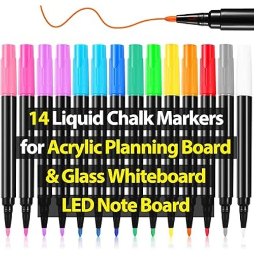 Liquid Chalk Markers for LED Drawing Note Board Acrylic Calendar Planning Board Clear Glass Dry Erase Whiteboard Window Mirror Christmas Holidays Painting, 14 Pack, 12 Vibrant Colors, 1mm Fine Points