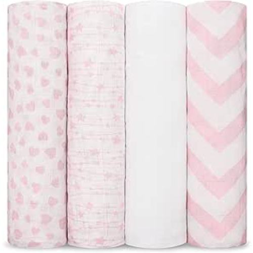 Comfy Cubs Muslin Swaddle Blankets Pack of 4, 47 x 47 Inches, Soft Cotton Baby Blanket Set, Large Multipurpose Swaddling Wraps for Newborns - Self-Soothing Swaddle - Pink