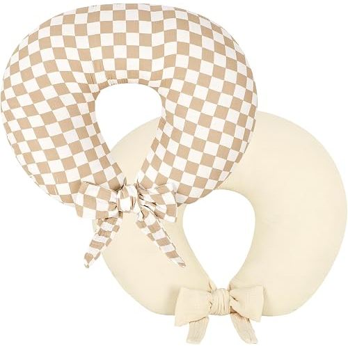 DILIMI Muslin Nursing Pillow Cover 2 Pack, Removable Nursing Cover for Breastfeeding Pillows, Adjustable Extended Strap, Soft Comfortable Slipcover for Baby Girl and Boy, Beige and Brown Gingham