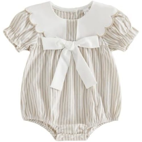 BemeyourBBs Baby Girl Bubble Romper Short Sleeve Peter Pan Collar Jumpsuit with Bow Cute Newborn Infant Girl Summer Clothes