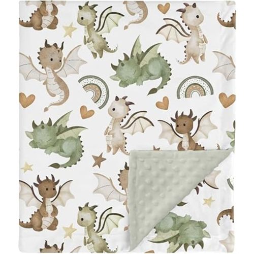 HawSkgFub Cute Green Dragons Mink Baby Blankets with Dotted Backing Boys Shower Gift, Dragon Lover Rainbow Heart Star Double Layer Nursery Swaddle, Soft Newborn Infant Toddler Bed Crib Bedding 30 x 40