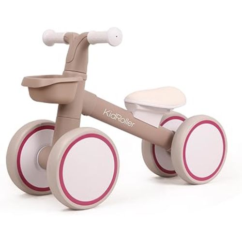 Bicicletas de equilibrio para niños y niñas de 1 año, 12 a 24 meses con asiento ajustable y una canasta delantera, regalos de primer cumpleaños, color caqui claro