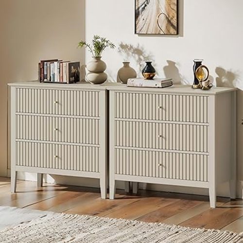 Large Beige Fluted 3 Drawer Dresser Set of 2, Chest of Drawers with Ball Bearing Slide Modern 30 inch Tall Wood Nightstand with Spacious Storage for Bedroom Hallway Living Room Entryway