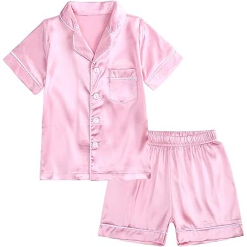 KISBINI Girls Satin Pajamas Button-Down Silk Pajamas for Girls 2 Pieces Sleepwear PJS Set for Kids 1-13 Years