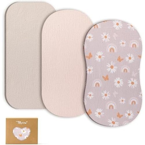 TILLYOU Muslin Bassinet Sheets for Baby Boys Girls 3 Pack, Soft Breathable Elastic Cotton Bassinet Mattress Sheets, Fit Hourglass Oval Rectangle Cradle Mattress, 33"X17",Pink Butterfly