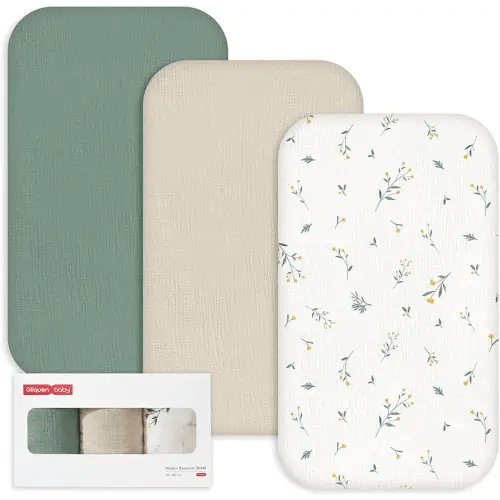 Gllquen Baby 3-Pack Muslin Cotton Bassinet Sheets, 33"x20" Fitted Crib Sheets for Bedside Sleeper & Travel Crib, Oeko-TEX Certified Soft Breathable Sheets, Easy On/Off (Leafy Green)