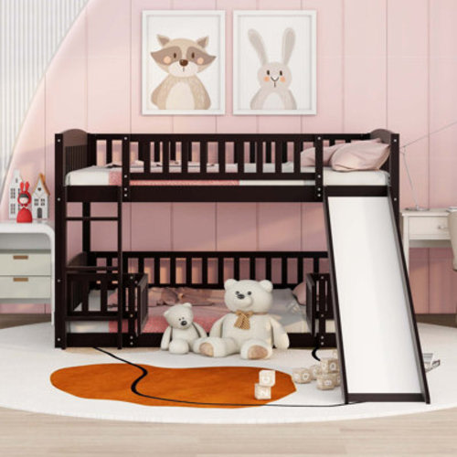 Queen Bunk Bed With Ladder And Guardrails, Pegboard And Bookshelf,Espresso | Wayfair