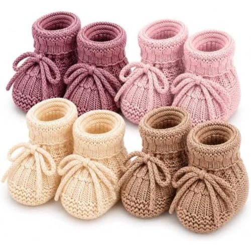 gisgfim 4 Pairs Knitted Baby Booties Newborn Walking Shoes Cotton Bootie Cozy Warm Soft Sock Slippers Crochet Baby Sock Cotton Indoor House Shoes Newborn Knit Boots for Infant Girl Boy