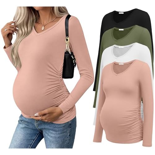 Ekouaer Womens Maternity Shirts Long Sleeve 4 Pack V Neck Side Ruched Pregnancy Tops Blouse Casual Mama Clothes S-XXL