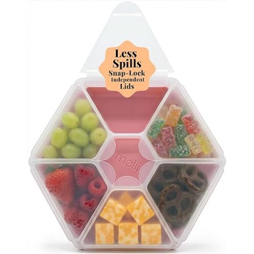melii Hexagone Snackle Box | 6 Compartment Snack Container with Individual Snap-Lock Lids, Easy-Grip Design for Kids & Adults, Portion-Control Food Storage for Lunch, Travel & On-the-Go (Pink)