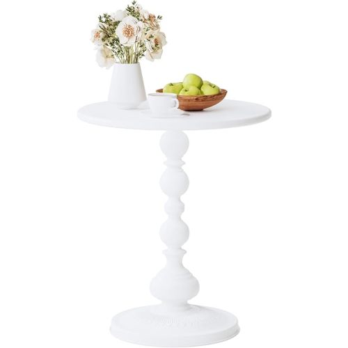 XIV Metal Small Round Side End Table, Vintage Matte Coffee Drink Cocktail Table, Accent Pedestal Table for Living Room Corners and Small Spaces, 21'' Height (White)