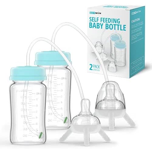 Skywin 2 Pack Self Feeding Baby Bottle, Bottle Holder for Baby, Baby Bottle with Straw, Anti Colic, for Convenient Feeding (Green)