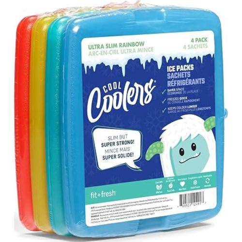 Cool Coolers by Fit + Fresh, 4 Pack Slim Ice Packs, Space Saving Reusable Ice Packs for Lunch Boxes or Coolers