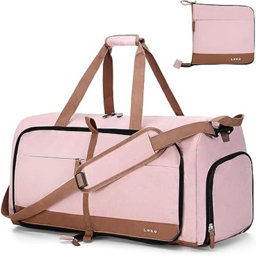 Lekesky Foldable Travel Duffel Bag for Women, 80L Large Duffle Bag with Separate Shoes Compartments & Straps, Carry On Weekend Bag for Women, Hospital, Overnight(Pink)