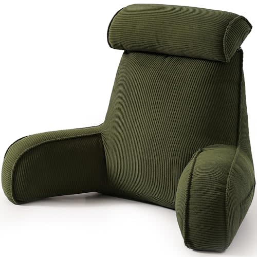 Corduroy Reading Pillow, Backrest Pillow for Sitting Up in Bed, Bed Rest Back Support Cushion for Daybed Sofa Couch, Lounge Pillow with Arms, Side Pockets & Washable Cover, Avocado Green
