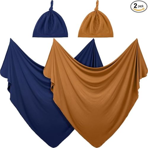 JaGely 2 Pcs Stretchy Baby Swaddle Blankets Set with Hats Extra Soft 47" x 47" Newborn Nursery Swaddle Wrap for Baby Girls and Boys(Navy Blue, Claybank)