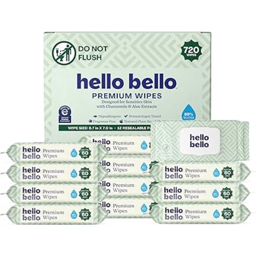 Hello Bello Premium Wipes, Designed for Sensitive Skin with Chamomile & Aloe Extracts, Simply Sage (12 Resealable Packets = 720 Total Wipes)