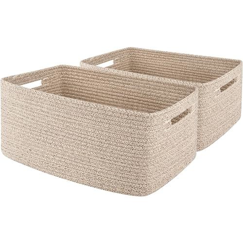 OIAHOMY Storage Basket for Shelves, Closet Cube Storage Bins Baskets for Clothes Blanket Towels, Baby Nursery, Toy Baskets Box, Woven Rope Basket, 17.72 * 12.99 * 7.87 IN, 2 Packs Brown