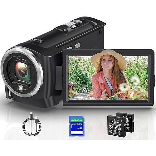 2.7K Video Camera Camcorder QHD 50MP YouTube Vlogging Camera 16X Digital Zoom Webcam 270 Degree Rotation Screen Camcorders with 32G SD Card and 2 Batteries Recording While Charging