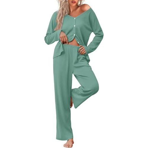 Ekouaer Womens Waffle Knit Pajamas Loungewear Two-piece Sleepwear Button-Down Pj Set with Pockets
