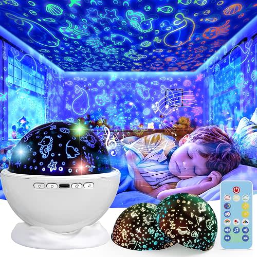 Night Light Projector for Kids Room with Remote and Timer, 360 Rotation, 3 Projection Films, 18 Light Modes, 8 Lullaby Songs, Kids Room Light Projector Lamp Rechargeable, Birthday Gifts for Boys Girls