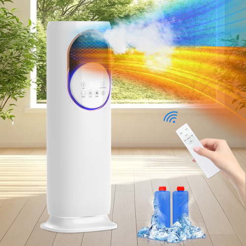 Advwin 4-in-1 Portable Air Conditioner & Space Heater Combo with Humidifier, Evaporative Cooler & Tower Fan for Home, Remote, 1 Gal Water Tank, 2 Ice Packs, Timer (White)