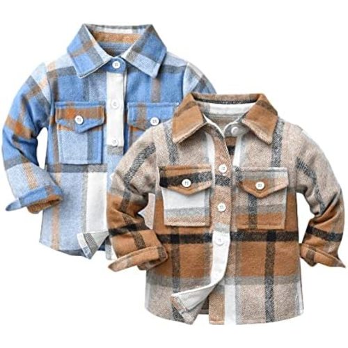 Feidoog Toddler 2 Pack Baby Boys and Girls Plaid Shirts Jacket Long Sleeve Lapel Button Down Top Outwear Clothes