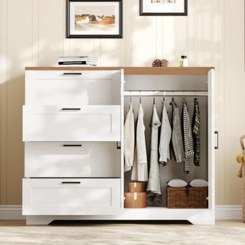 43.3" H Wood Armoire Wardrobe Closet with 4 Drawers & Hanging Rod, Multifunctional Bedroom Clothing Storage Cabinet Dresser