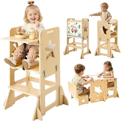 VEVOR 6-in-1 Toddler Kitchen Step Stool, Foldable Standing Tower with Blackboard & Whiteboard, Wooden High Chair for Toddlers, Kitchen Stool Helper with Detachable Stool, Montessori Table and Chair