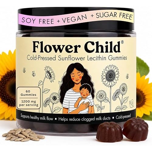 Flower Child Sunflower Lecithin Cold-Pressed Gummies, 1200mg for Breastfeeding & Pumping Moms, Lactation Supplement for Healthy Milk Flow, Clogged Duct Support, Soy-Free, Vegan, 60 Count