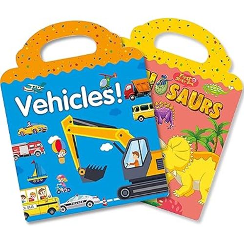 RUSON Reusable Sticker Book for Kids, 2 Sets Educational Learning Toys Travel Stickers Activity Books for Toddler Girls Boys Age 3+ Birthday Gifts - Vehicle & Dinosaur