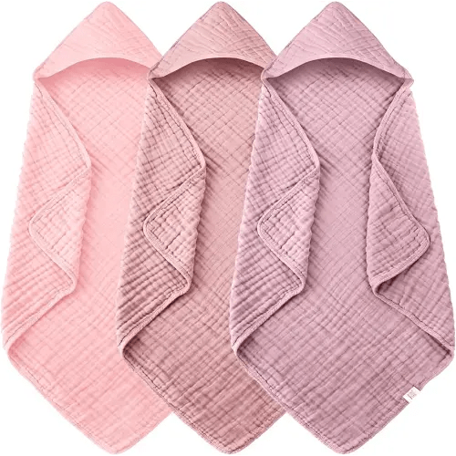 3-Pack Muslin Hooded Baby Towels, 100% Cotton, Ultra-Soft & Absorbent Baby Bath Towels with Hood for Babies, Infant, Toddler and Newbron (Pink and Sakura Series,32" x 32")